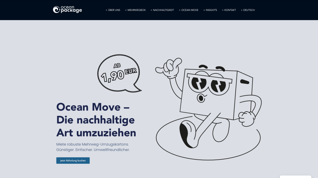 Screenshot der Ocean Package Website zum Thema 'Ocean Move' mit der Überschrift 'Die nachhaltige Art umzuziehen'. Rechts ist eine illustrierte, tanzende Karton-Figur mit Sonnenbrille zu sehen, links eine Sprechblase mit dem Preis 'ab 1,90 EUR'.