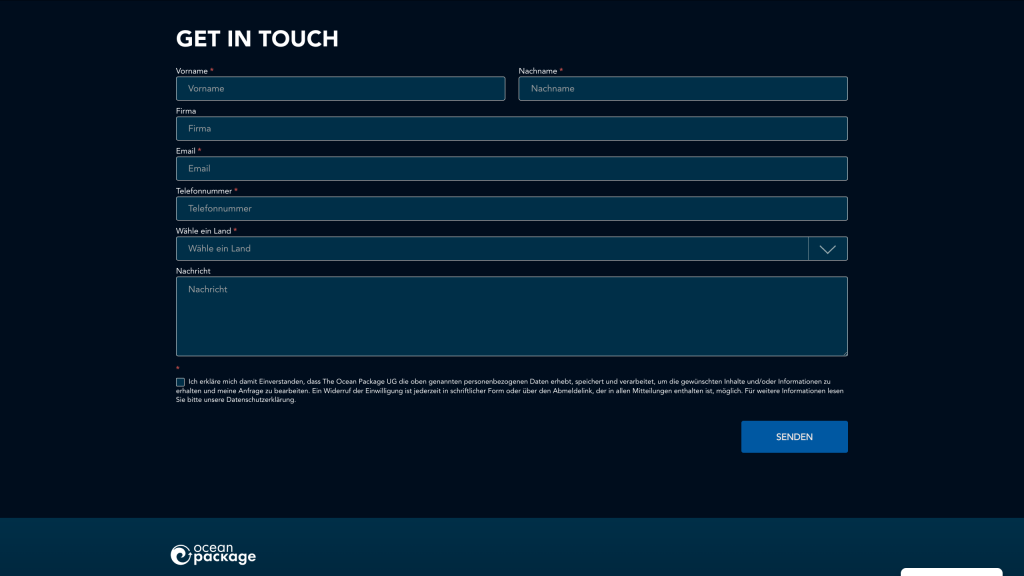 Screenshot des Kontaktformulars 'Get in Touch' von Ocean Package.